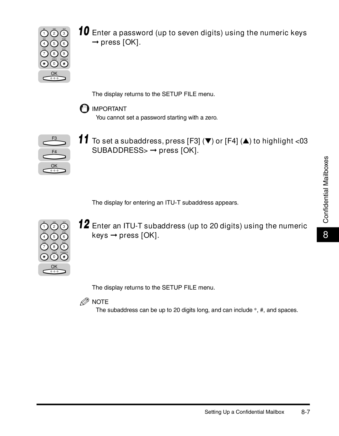 Canon 2010F manual Subaddress press OK, To set a subaddress, press F3 or F4 to highlight 