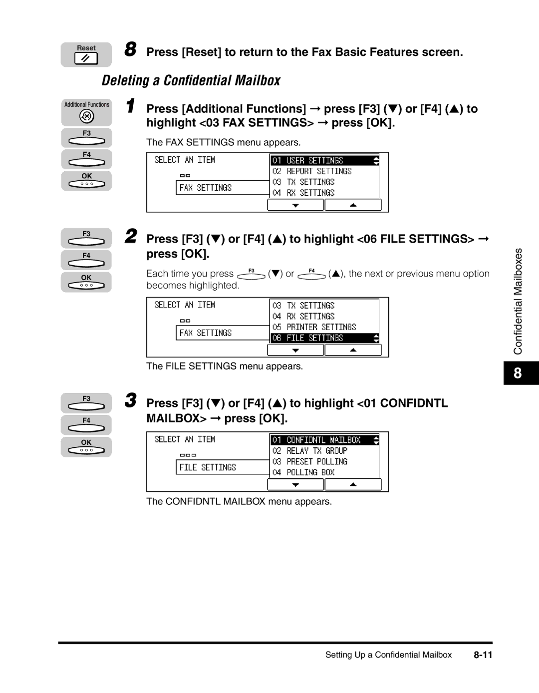 Canon 2010F manual Deleting a Conﬁdential Mailbox 