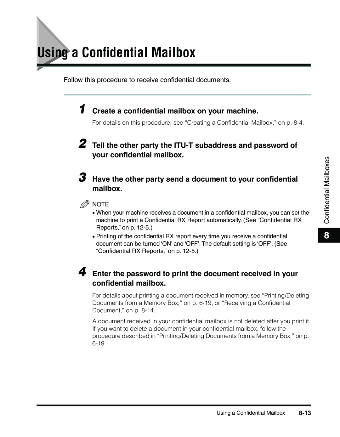 Canon 2010F manual Using a Conﬁdential Mailbox, Create a conﬁdential mailbox on your machine 