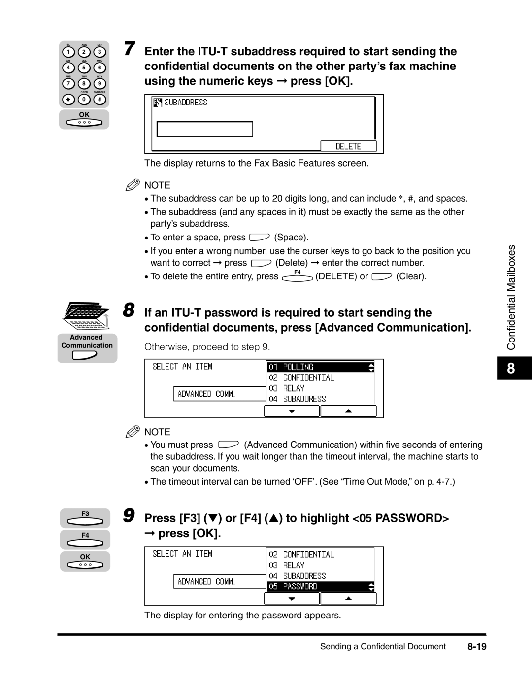 Canon 2010F manual Conﬁdential documents on the other party’s fax machine, Press F3 or F4 to highlight 05 Password 