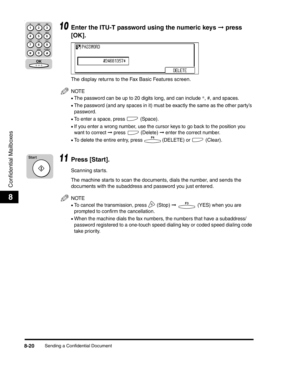 Canon 2010F manual Enter the ITU-T password using the numeric keys press, Press Start 