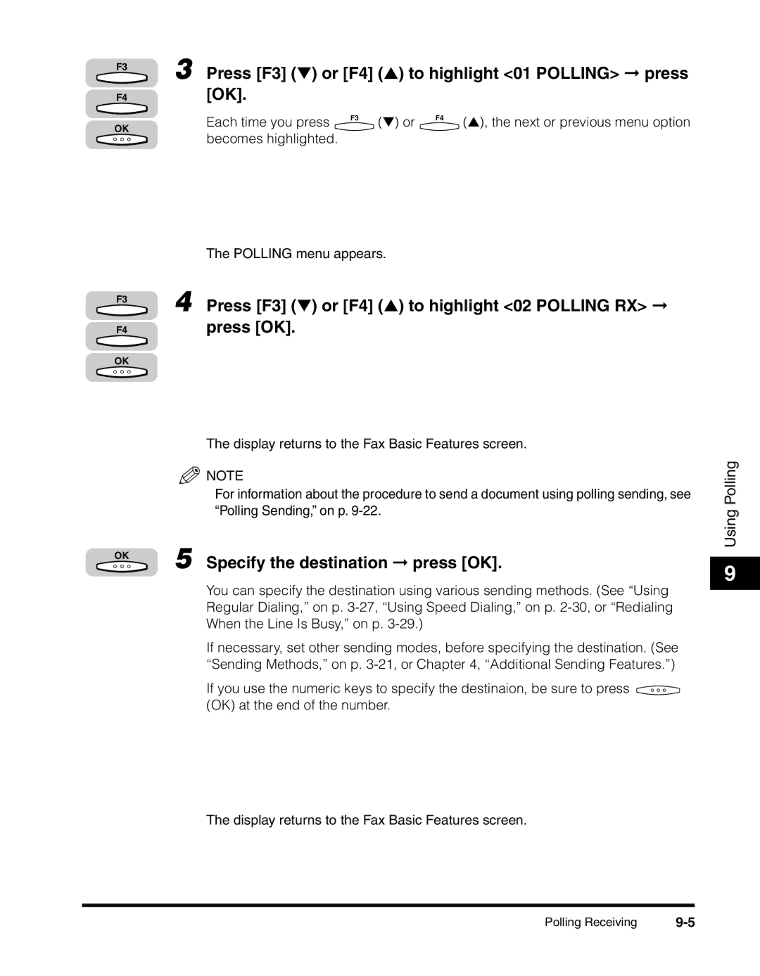 Canon 2010F manual Press F3 or F4 to highlight 01 Polling press OK, Press F3 or F4 to highlight 02 Polling RX press OK 