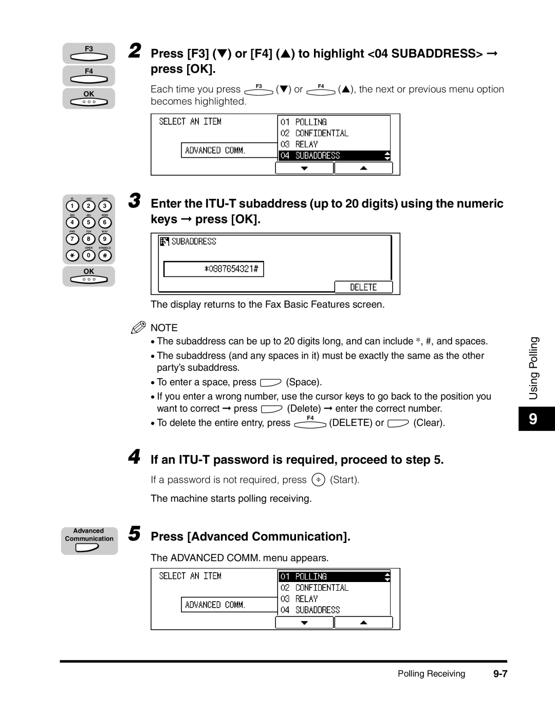 Canon 2010F manual Press F3 or F4 to highlight 04 Subaddress, If an ITU-T password is required, proceed to step 