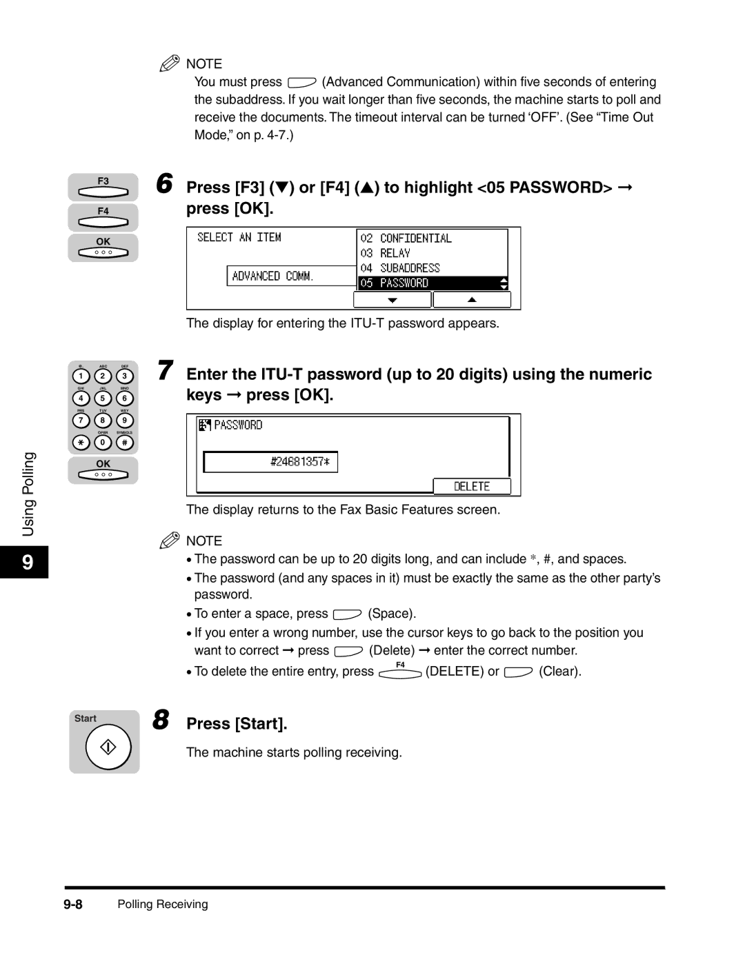 Canon 2010F Enter the ITU-T password up to 20 digits using the numeric, Display for entering the ITU-T password appears 