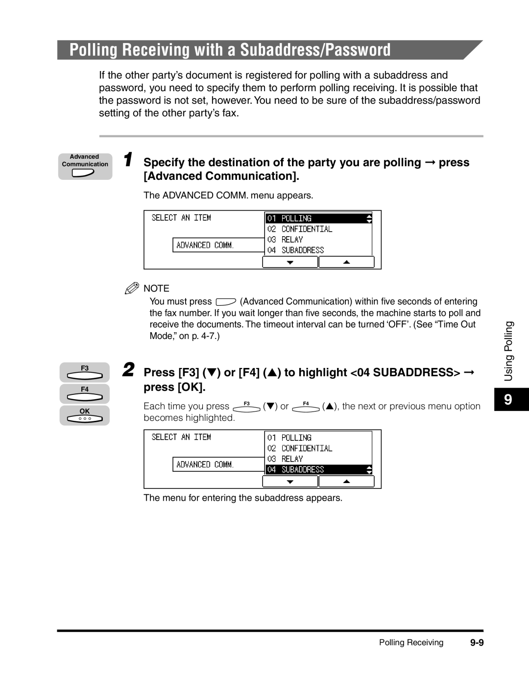 Canon 2010F manual Polling Receiving with a Subaddress/Password, Press F3 or F4 to highlight 04 Subaddress press OK 