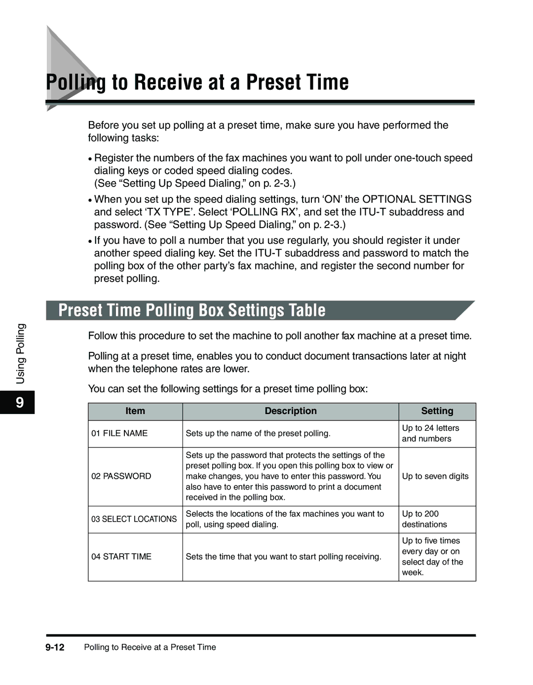 Canon 2010F manual Polling to Receive at a Preset Time, Preset Time Polling Box Settings Table 