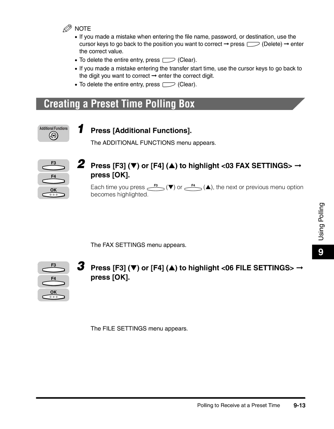 Canon 2010F manual Creating a Preset Time Polling Box, Press F3 or F4 to highlight 03 FAX Settings press OK 