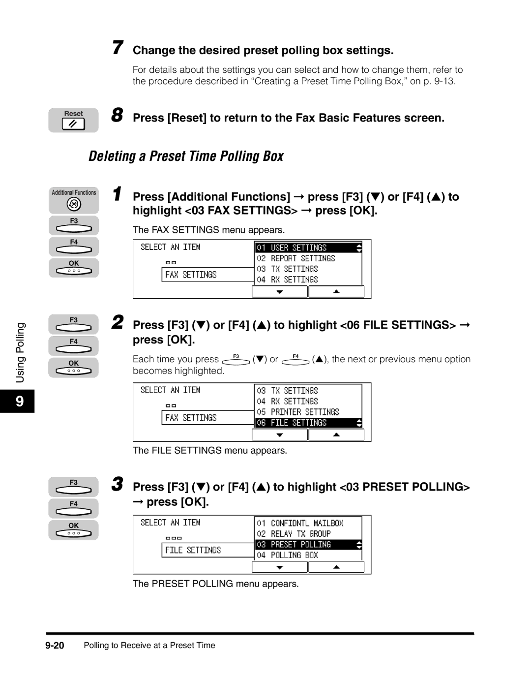 Canon 2010F manual Deleting a Preset Time Polling Box, Change the desired preset polling box settings 