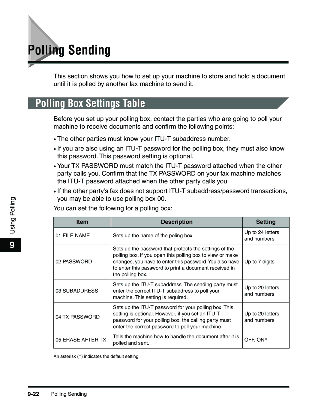 Canon 2010F manual Polling Sending, Polling Box Settings Table 