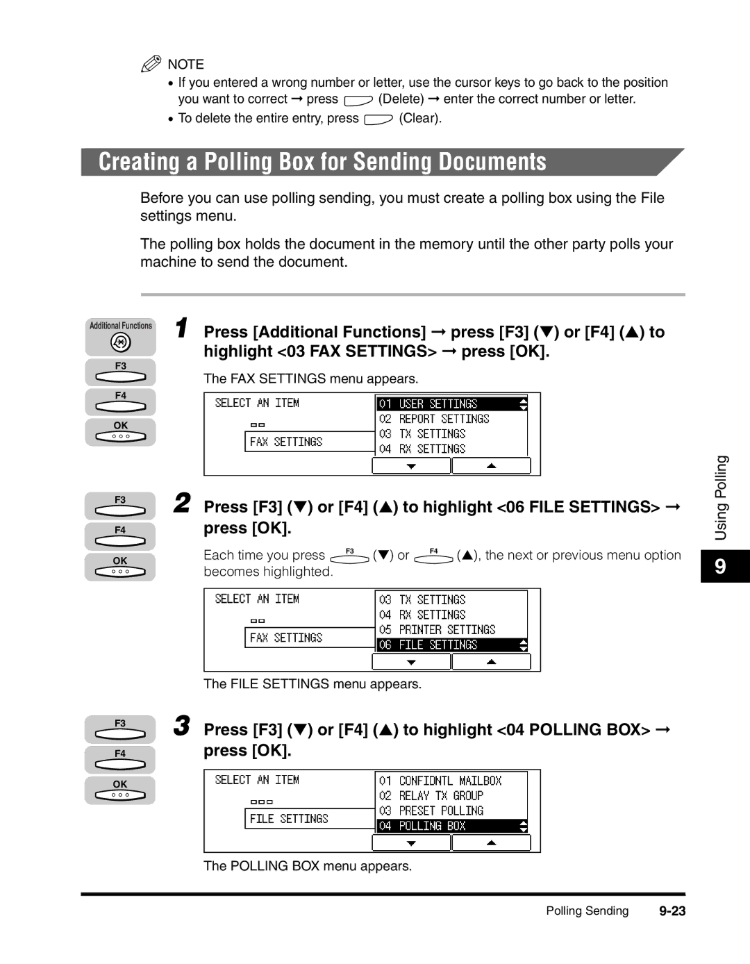 Canon 2010F manual Creating a Polling Box for Sending Documents, Press F3 or F4 to highlight 04 Polling BOX 