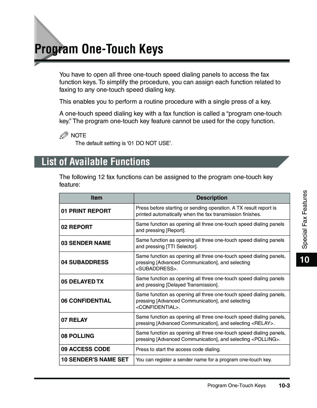 Canon 2010F manual Program One-Touch Keys, List of Available Functions, 10-3 