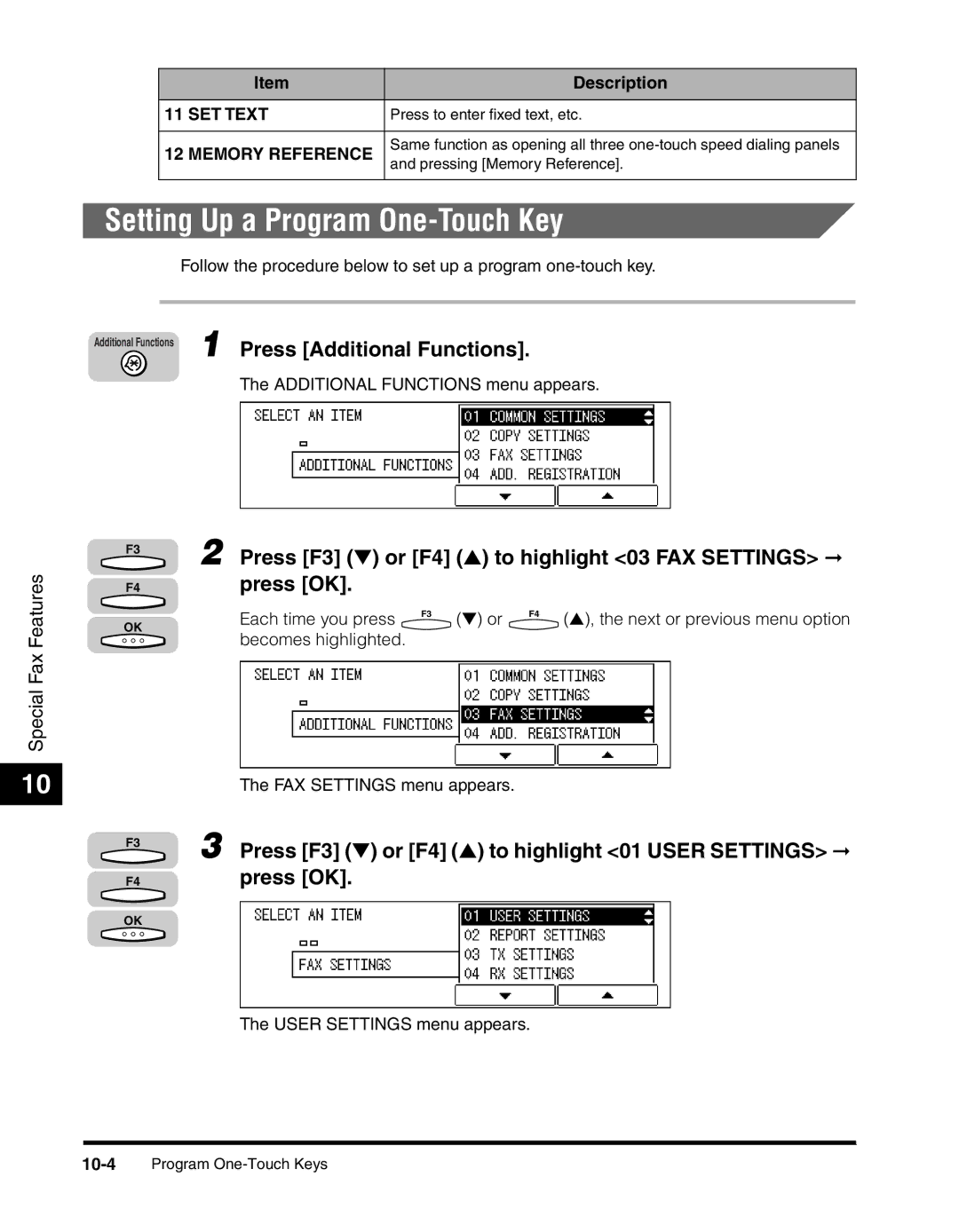 Canon 2010F manual Setting Up a Program One-Touch Key, Memory Reference 