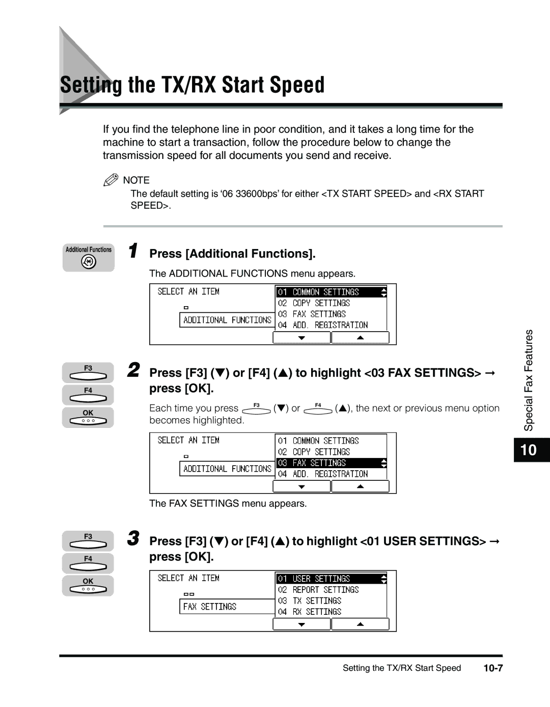 Canon 2010F manual Setting the TX/RX Start Speed, 10-7 