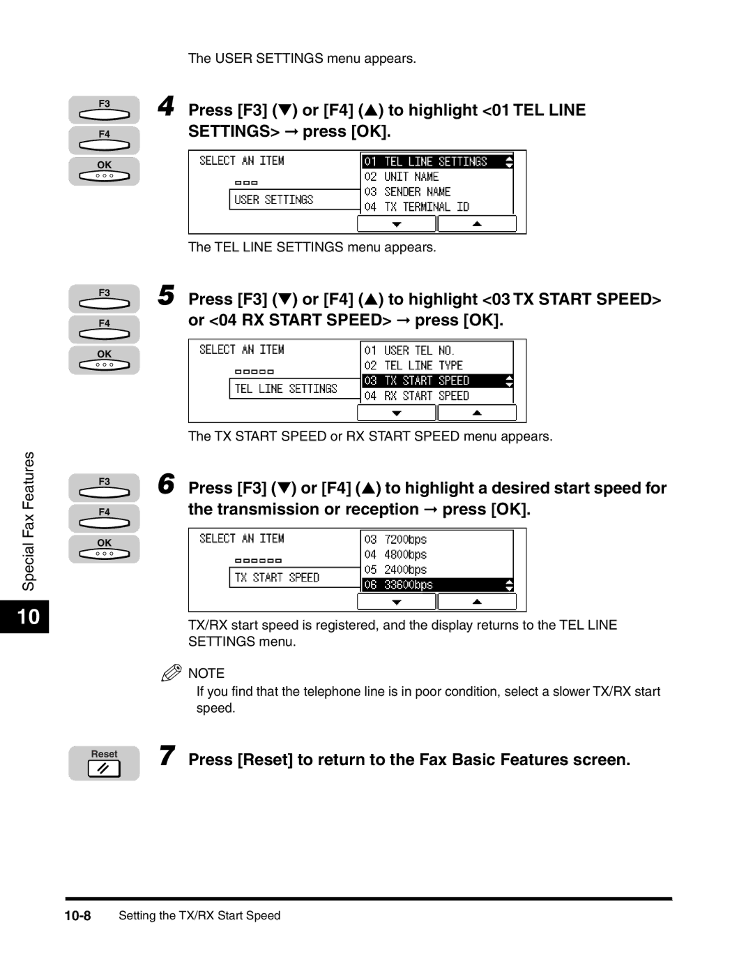 Canon 2010F manual TX Start Speed or RX Start Speed menu appears 