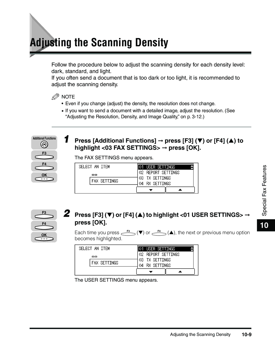 Canon 2010F manual Adjusting the Scanning Density, 10-9 