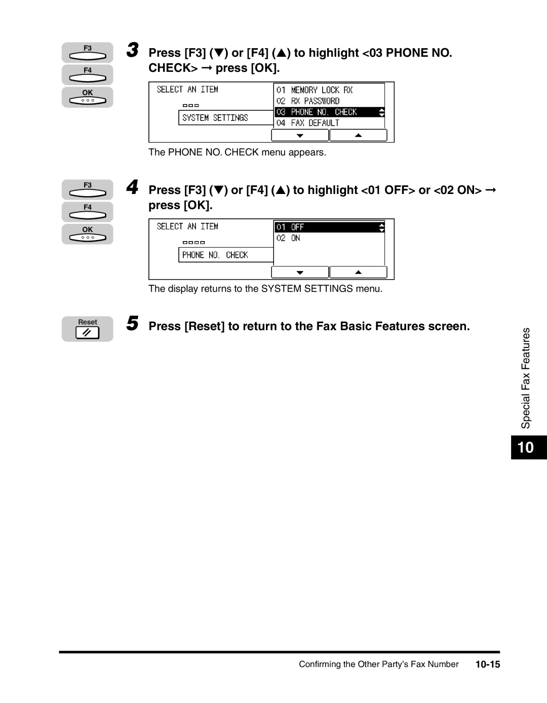 Canon 2010F manual Press F3 or F4 to highlight 03 Phone NO. Check press OK, 10-15 