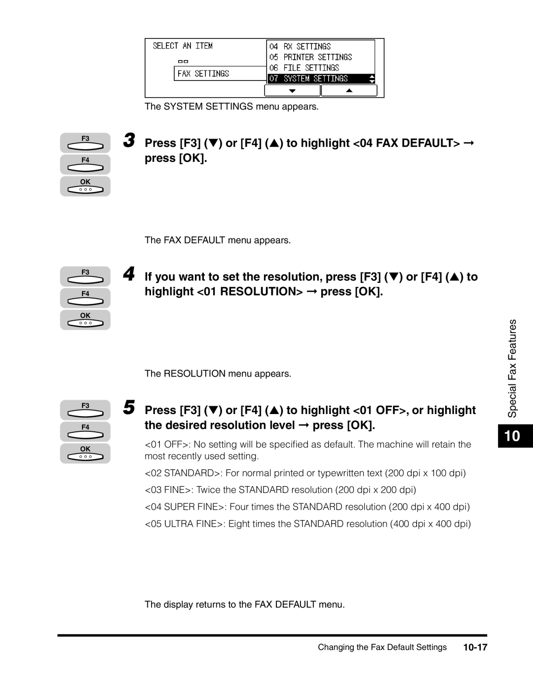 Canon 2010F manual Press F3 or F4 to highlight 04 FAX Default press OK, 10-17 