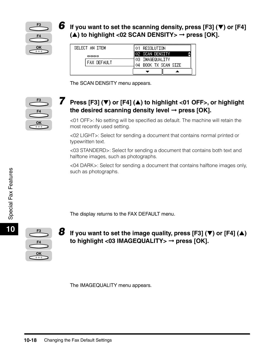 Canon 2010F manual Scan Density menu appears 