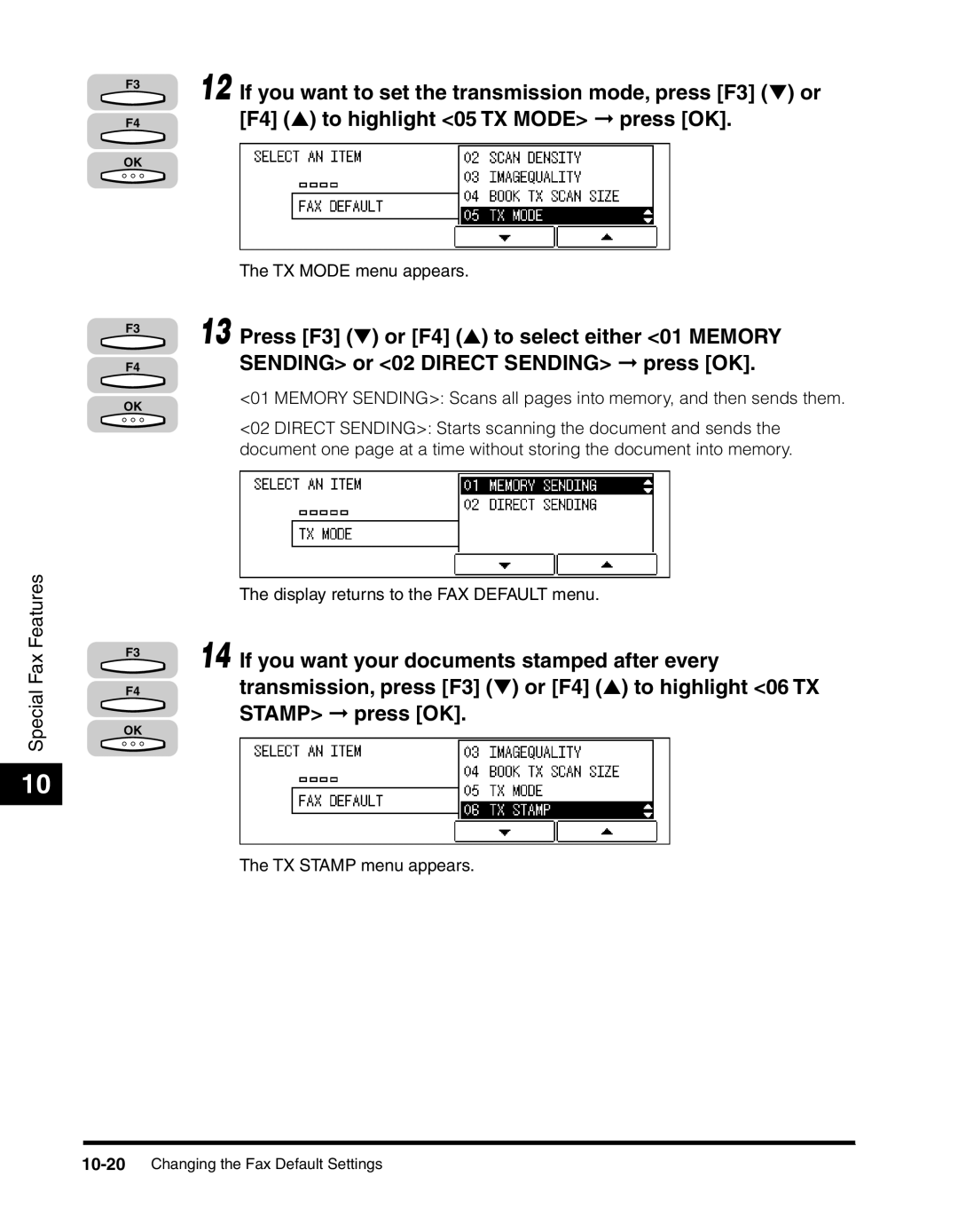 Canon 2010F manual TX Mode menu appears 