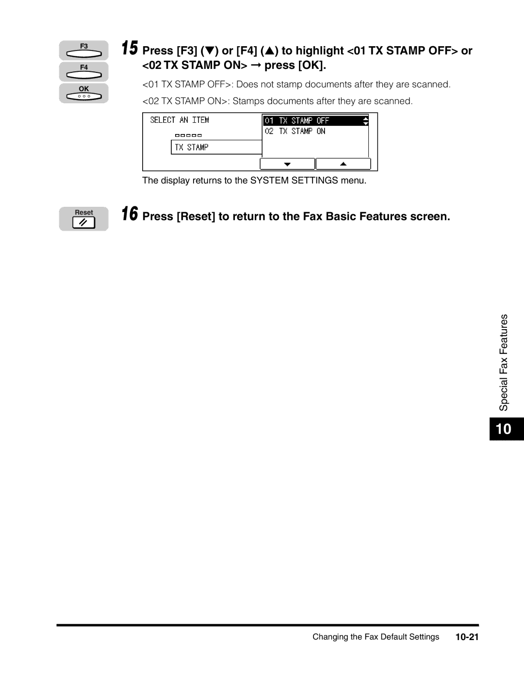 Canon 2010F manual Press Reset to return to the Fax Basic Features screen, 10-21 