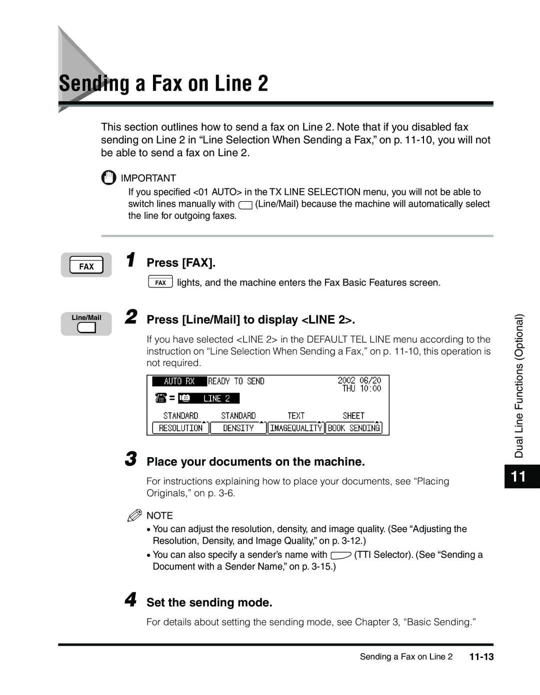 Canon 2010F manual Sending a Fax on Line, Press Line/Mail to display Line, Set the sending mode, 11-13 