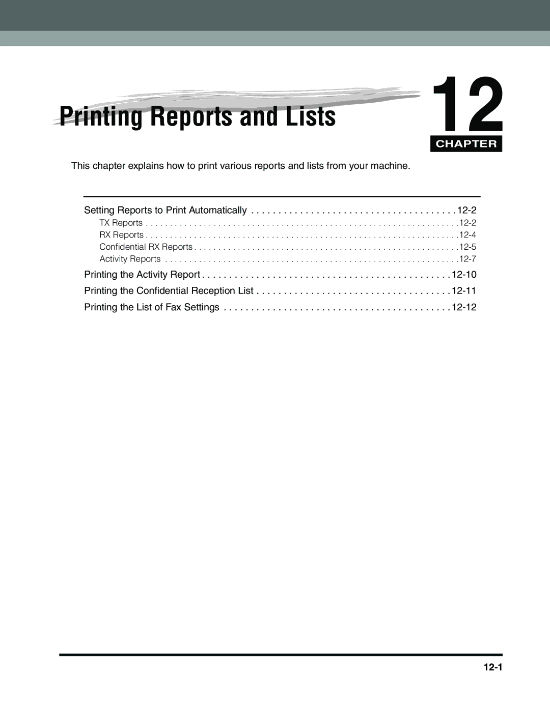 Canon 2010F manual Printing Reports and Lists, 12-1 