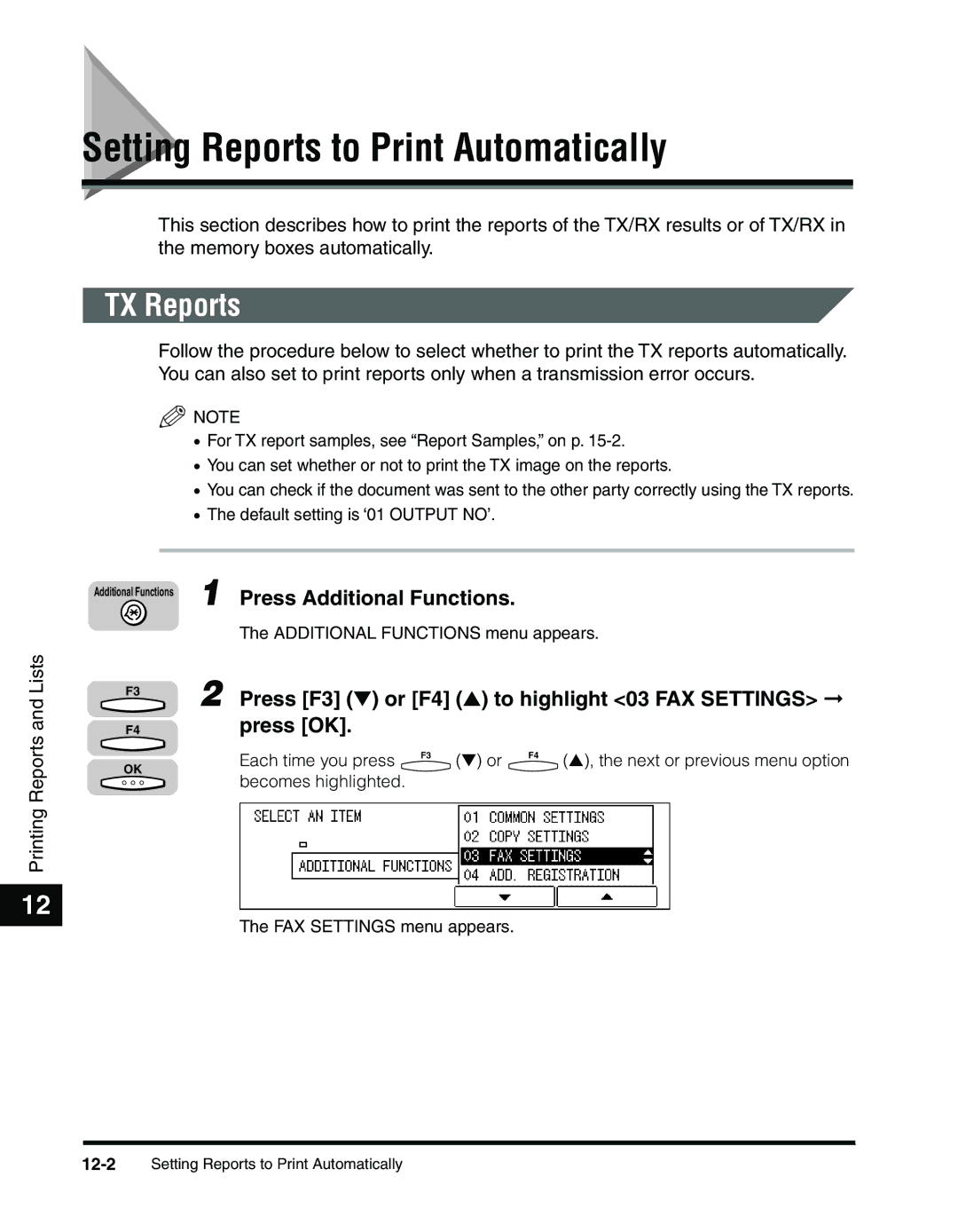 Canon 2010F manual Setting Reports to Print Automatically, TX Reports 