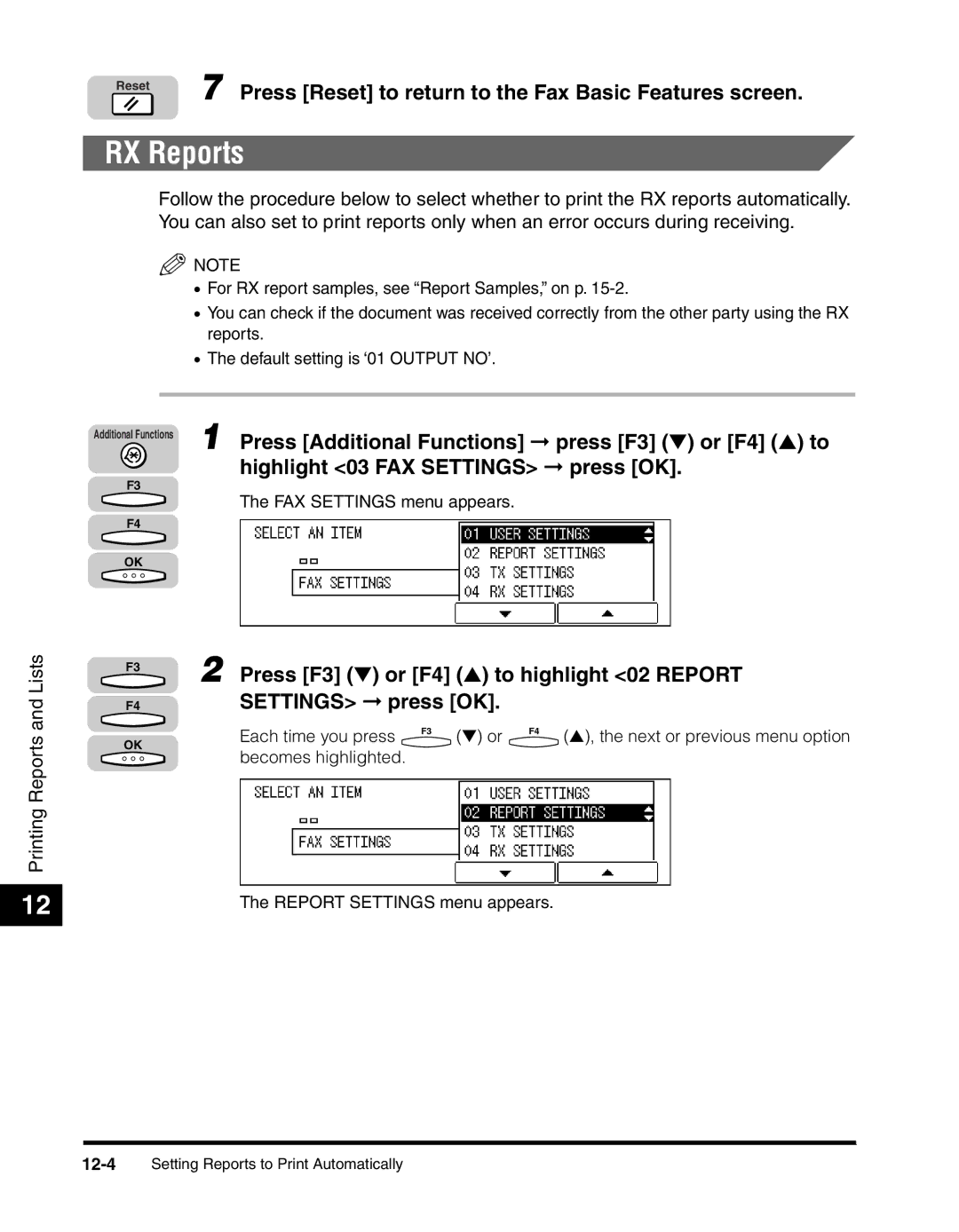 Canon 2010F manual RX Reports, Press F3 or F4 to highlight 02 Report 