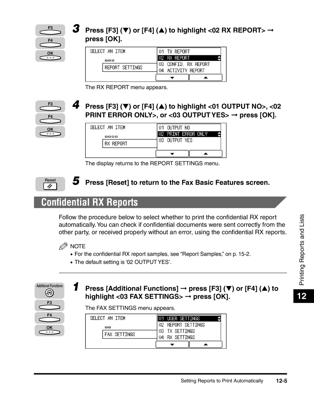 Canon 2010F manual Conﬁdential RX Reports, Press F3 or F4 to highlight 02 RX Report, 12-5 