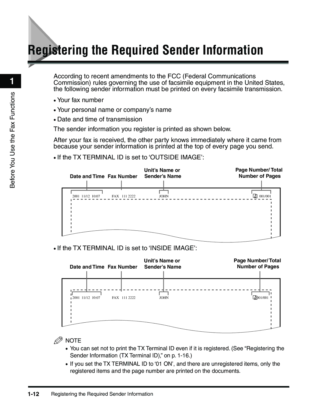 Canon 2010F manual Registering the Required Sender Information, If the TX Terminal ID is set to ‘INSIDE IMAGE’ 