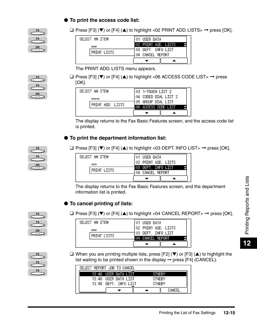 Canon 2010F To print the access code list, To print the department information list, To cancel printing of lists, 12-15 