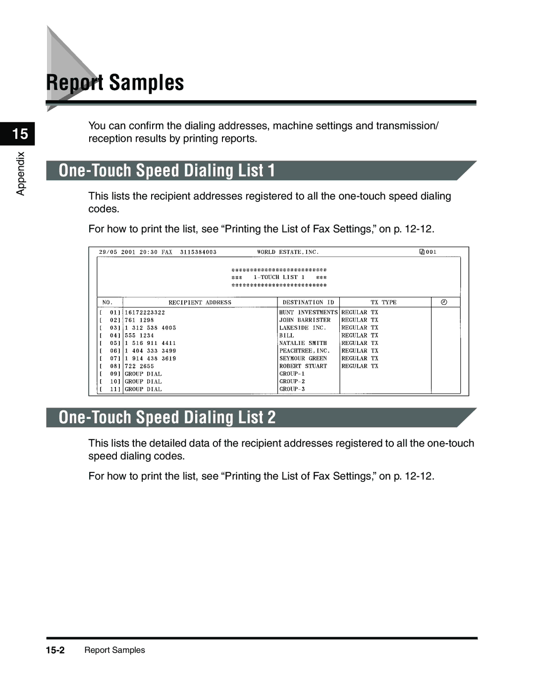 Canon 2010F manual Report Samples, One-Touch Speed Dialing List 