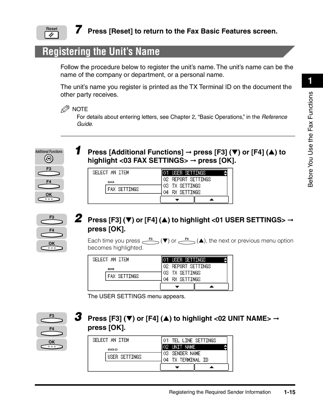 Canon 2010F manual Registering the Unit’s Name, Press F3 or F4 to highlight 02 Unit Name 