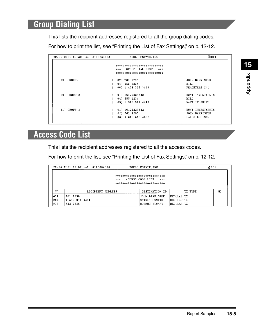 Canon 2010F manual Group Dialing List, Access Code List, 15-5 