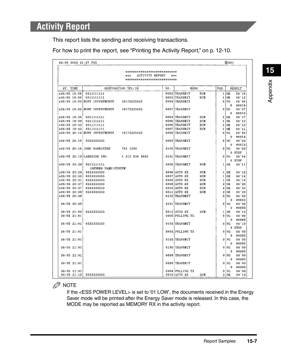 Canon 2010F manual Activity Report, 15-7 