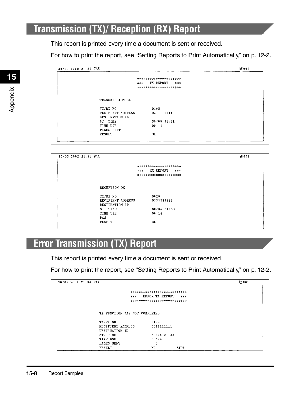 Canon 2010F manual Transmission TX/ Reception RX Report, Error Transmission TX Report 