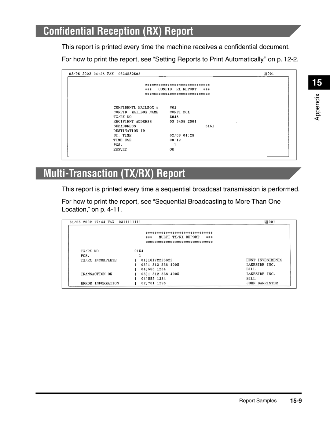 Canon 2010F manual Conﬁdential Reception RX Report, Multi-Transaction TX/RX Report, 15-9 