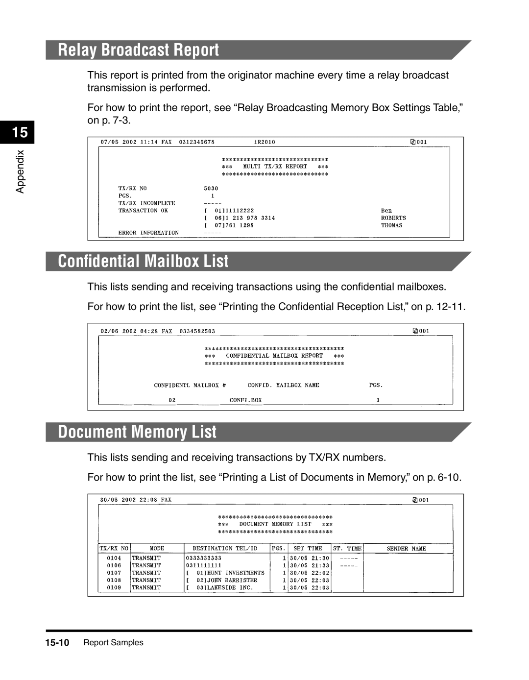 Canon 2010F manual Relay Broadcast Report, Conﬁdential Mailbox List, Document Memory List 