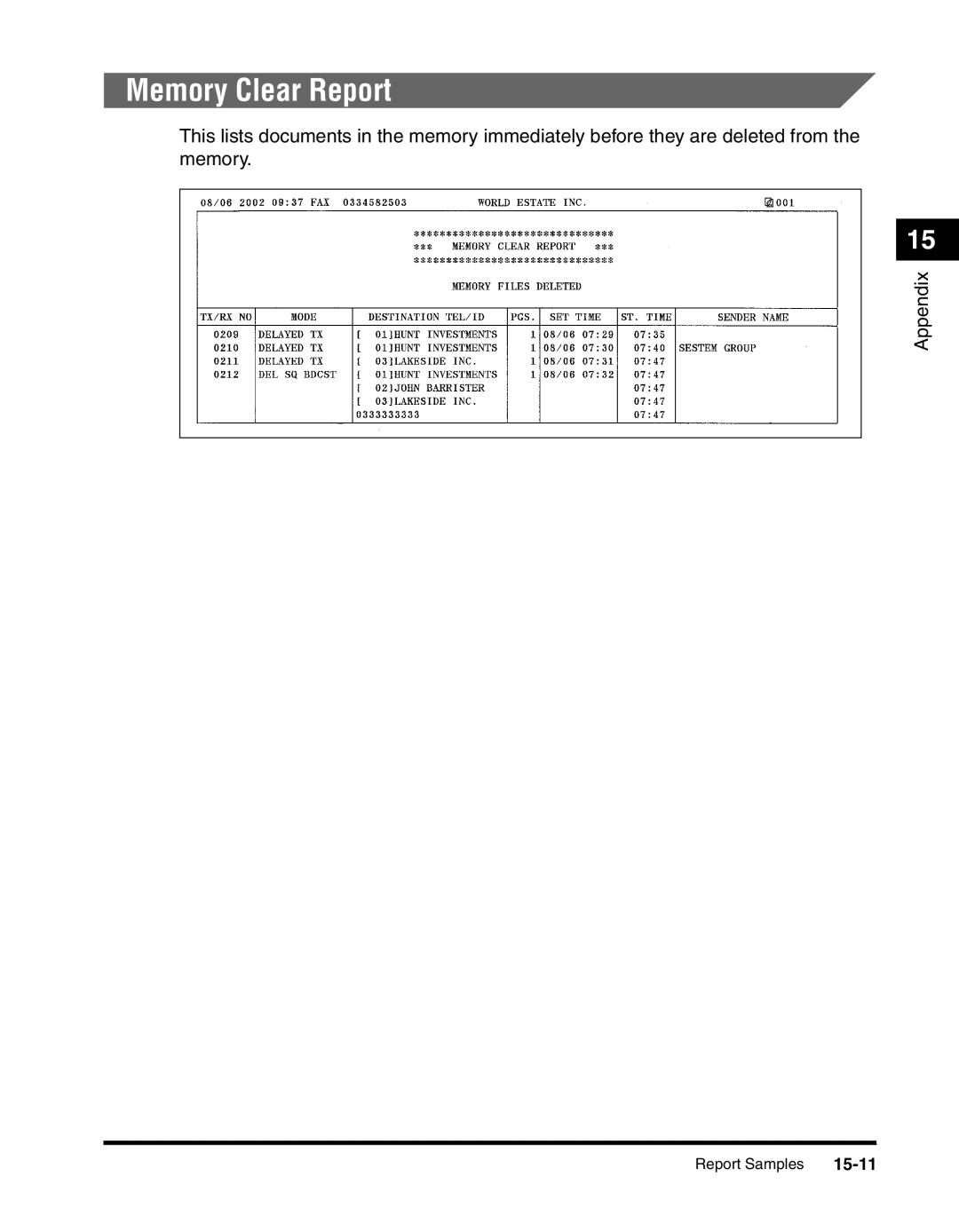 Canon 2010F manual Memory Clear Report, 15-11 