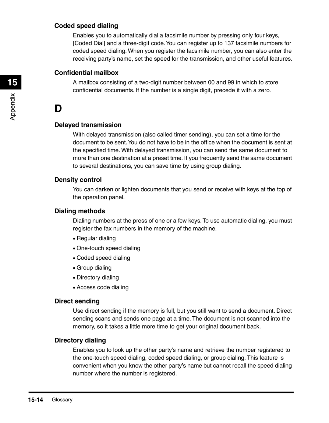 Canon 2010F manual Conﬁdential mailbox, Delayed transmission, Density control, Dialing methods 