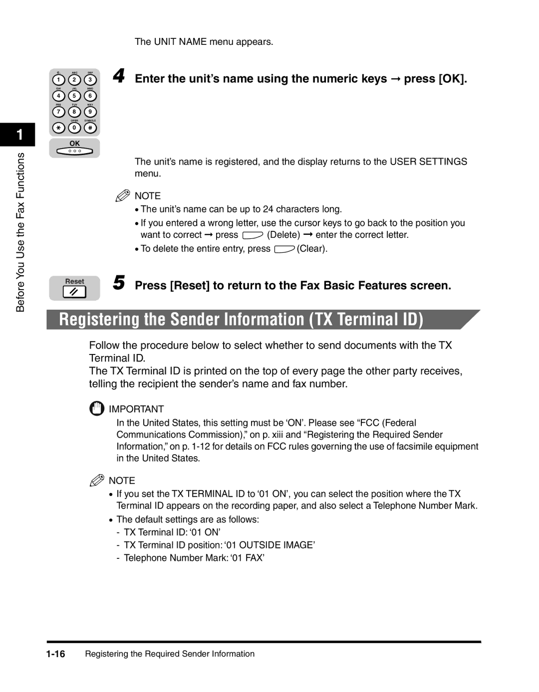 Canon 2010F manual Registering the Sender Information TX Terminal ID, Enter the unit’s name using the numeric keys press OK 