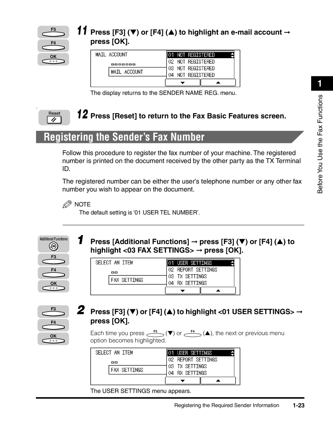 Canon 2010F manual Registering the Sender’s Fax Number, Press Reset to return to the Fax Basic Features screen 