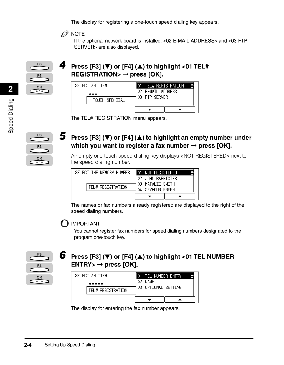 Canon 2010F manual Press F3 or F4 to highlight 01 TEL# Registration press OK 