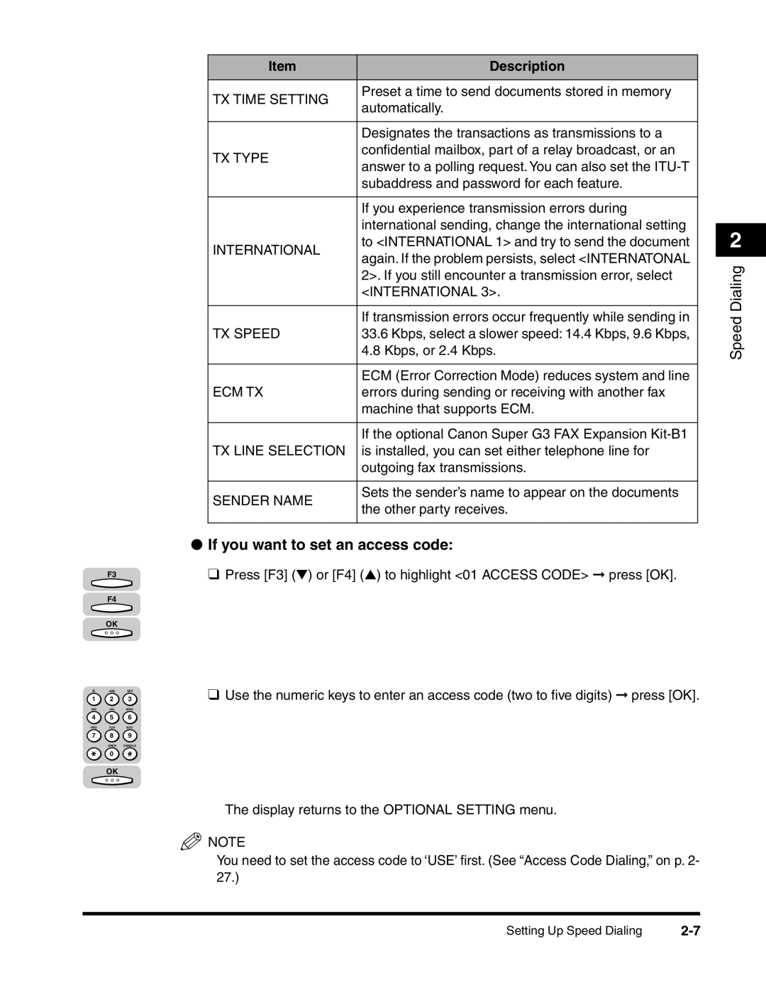 Canon 2010F manual If you want to set an access code, TX Time Setting 