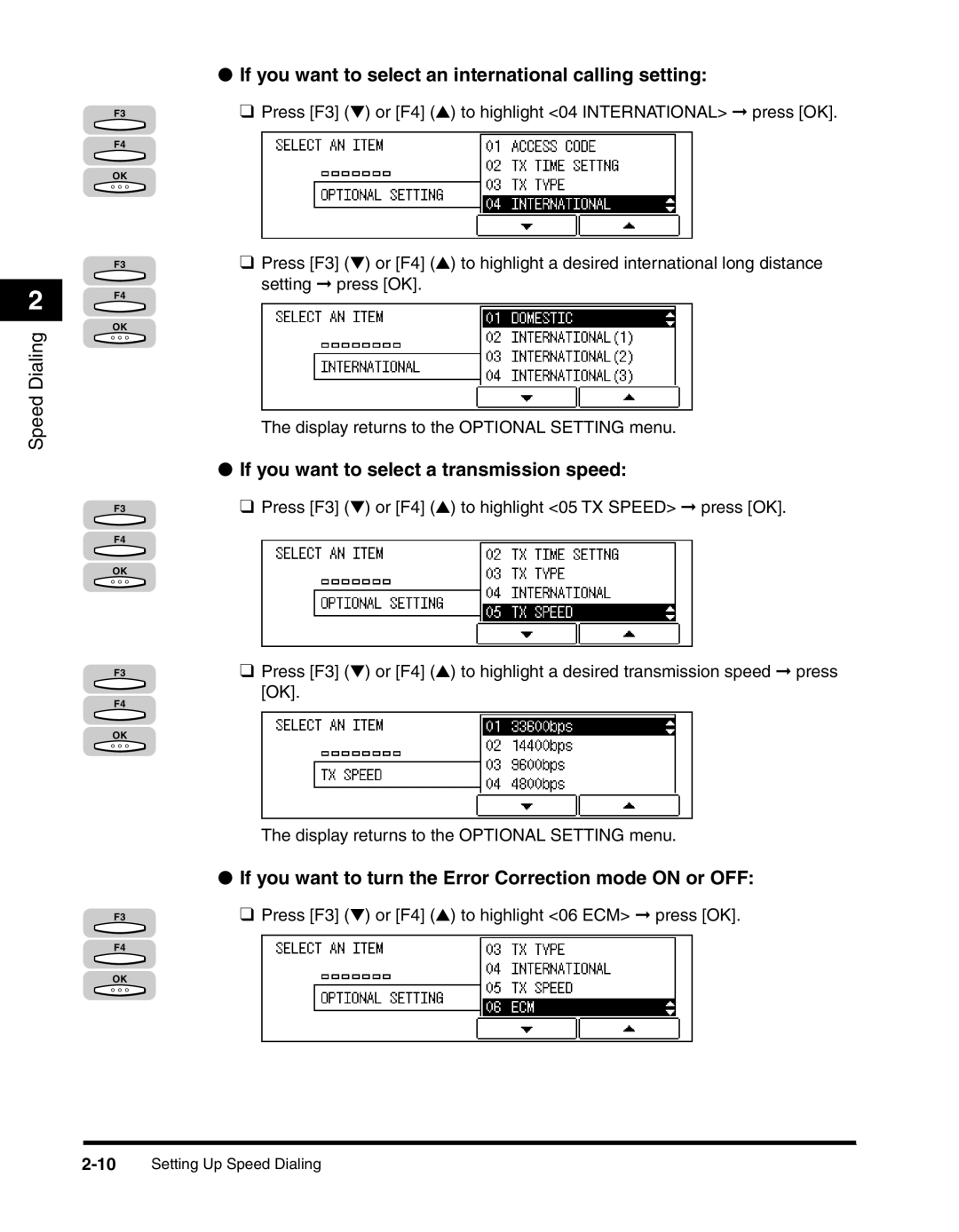 Canon 2010F manual If you want to select an international calling setting, If you want to select a transmission speed 