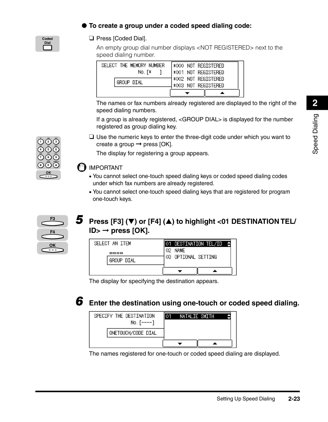 Canon 2010F manual Press F3 or F4 to highlight 01 Destination TEL/ ID press OK 