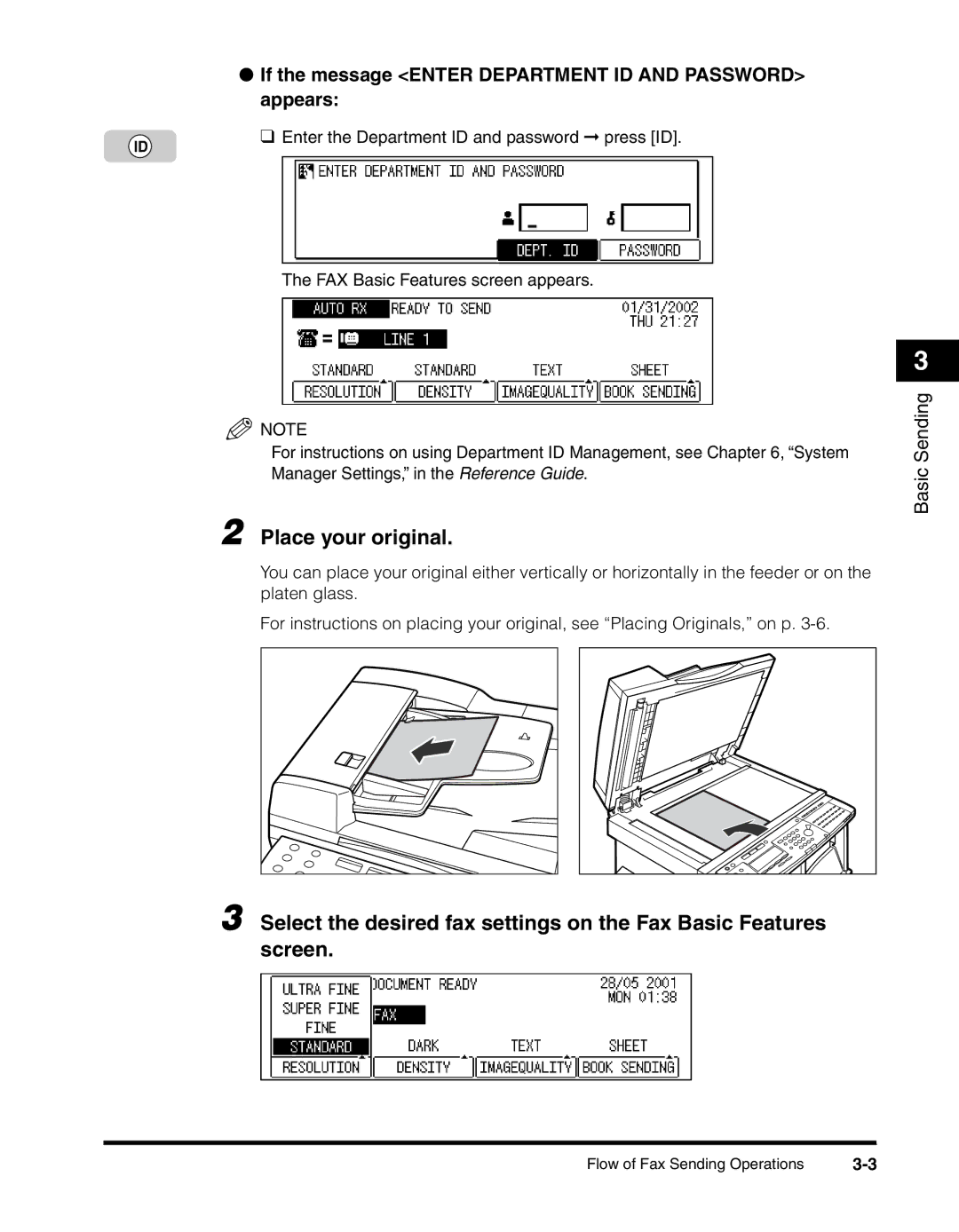 Canon 2010F manual Place your original, If the message Enter Department ID and Password appears 