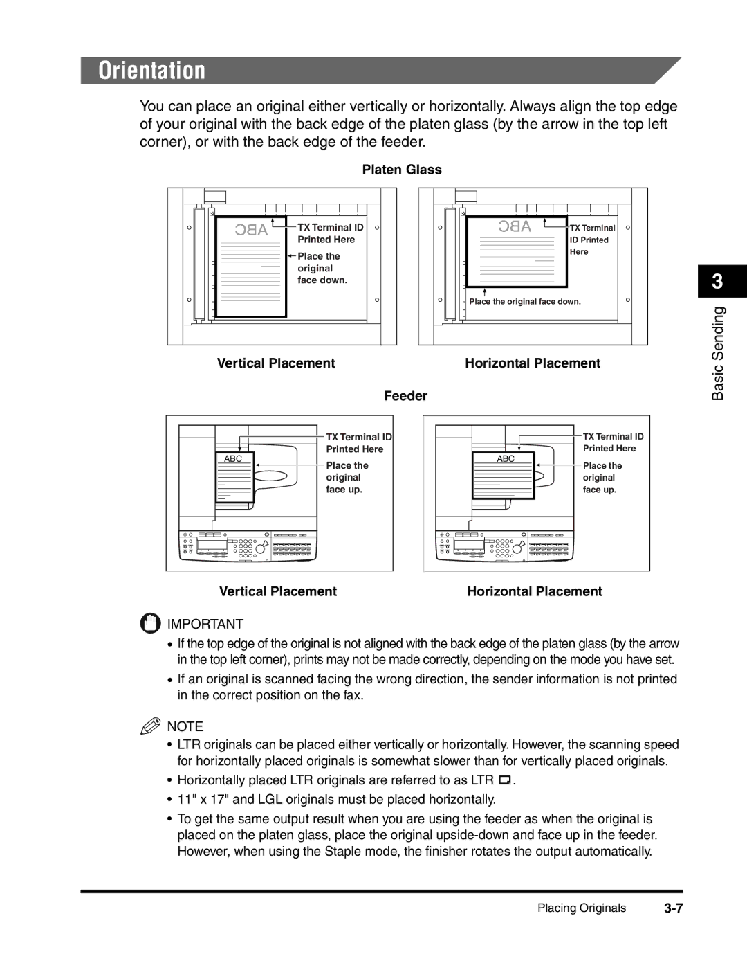 Canon 2010F manual Orientation, Platen Glass, Vertical Placement Horizontal Placement Feeder 