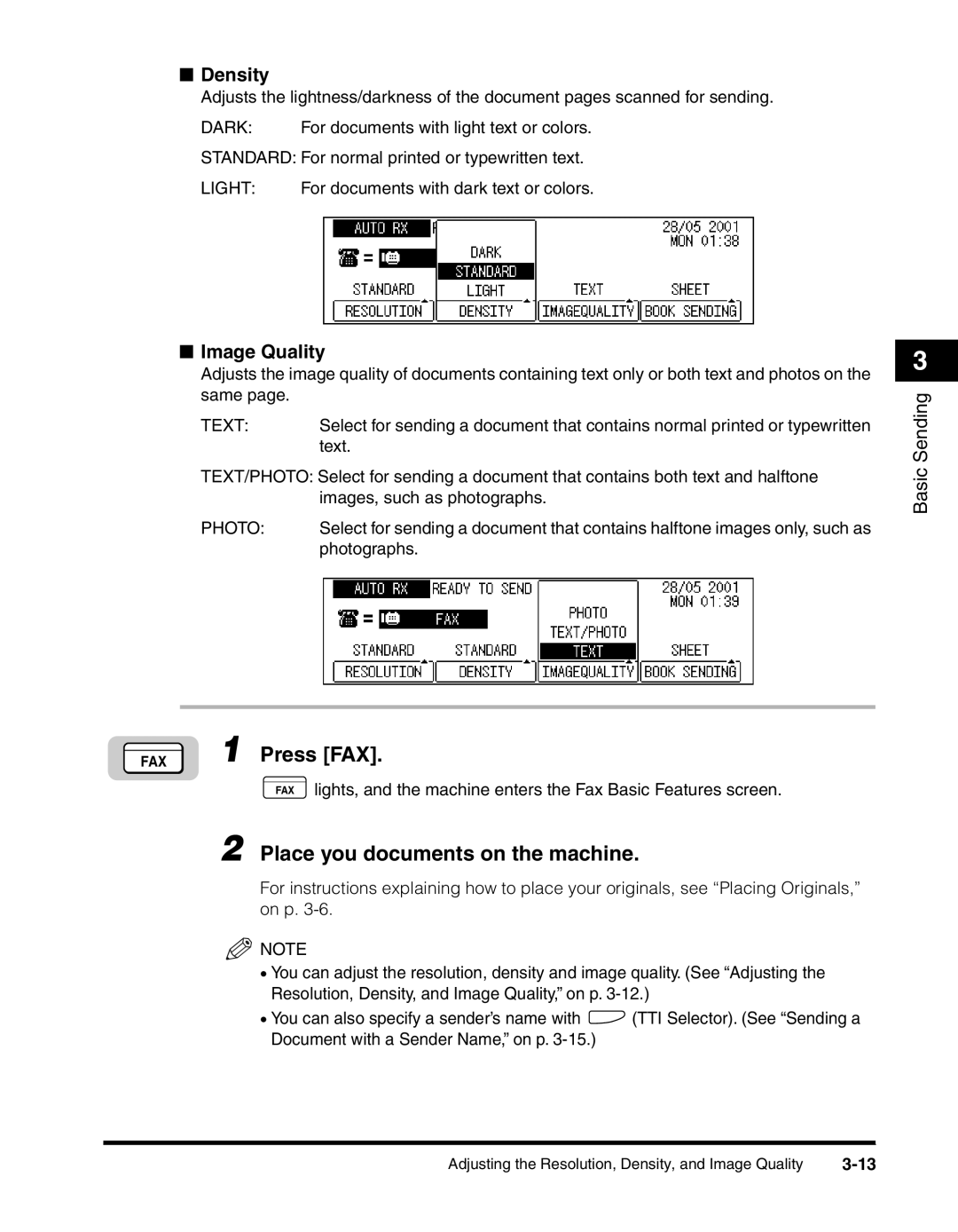 Canon 2010F manual Place you documents on the machine, Density, Image Quality 