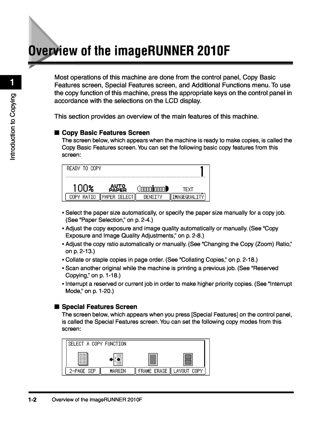 Canon Overview of the imageRUNNER 2010F, Introduction to Copying, Copy Basic Features Screen, Special Features Screen 